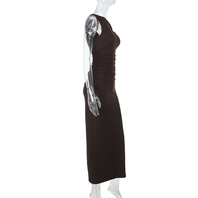 Women Sexy Slash Shoulder Slit Sleeve Solid Dress