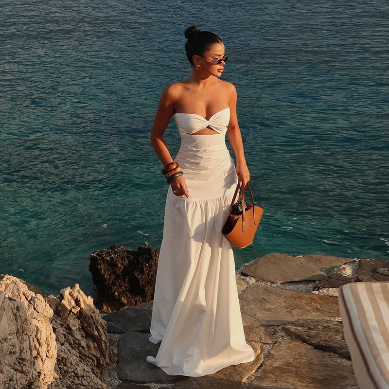 Women Summer Women Beach Holidays Strapless Hollow Dress