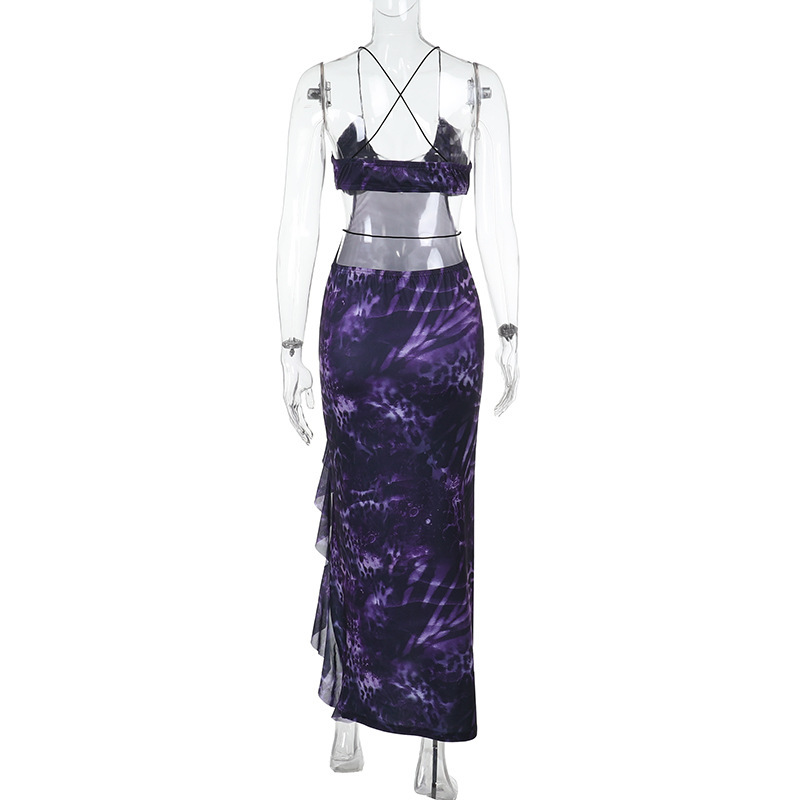 Women Spring Sexy Ruffle V Neck Print Slit Dress