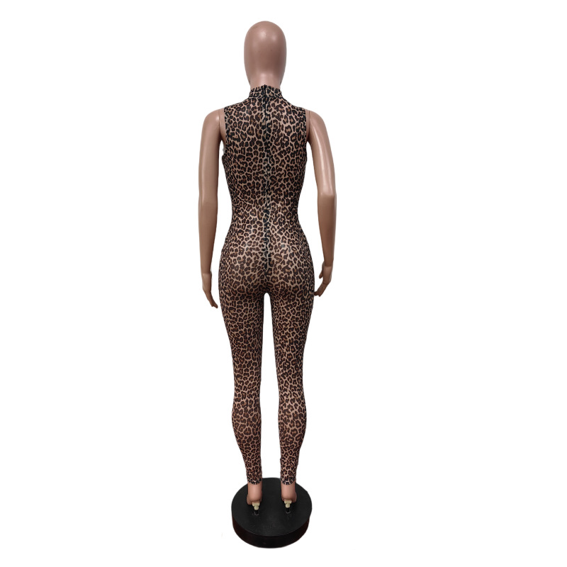 Women Leopard Stetchy Sleeveless Jumpsuit