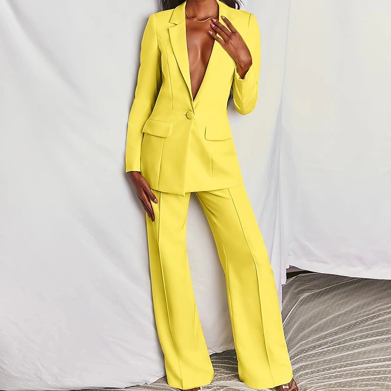 Spring Women's Fashion Chic Long Sleeve Blazer With Straight Pants Set