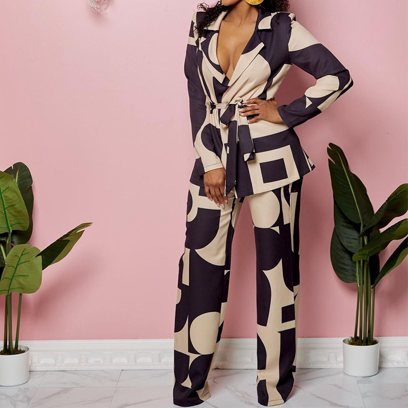 Spring Autumn Women's Fashion Print Turndown Collar Blazer With Tight Pants Set