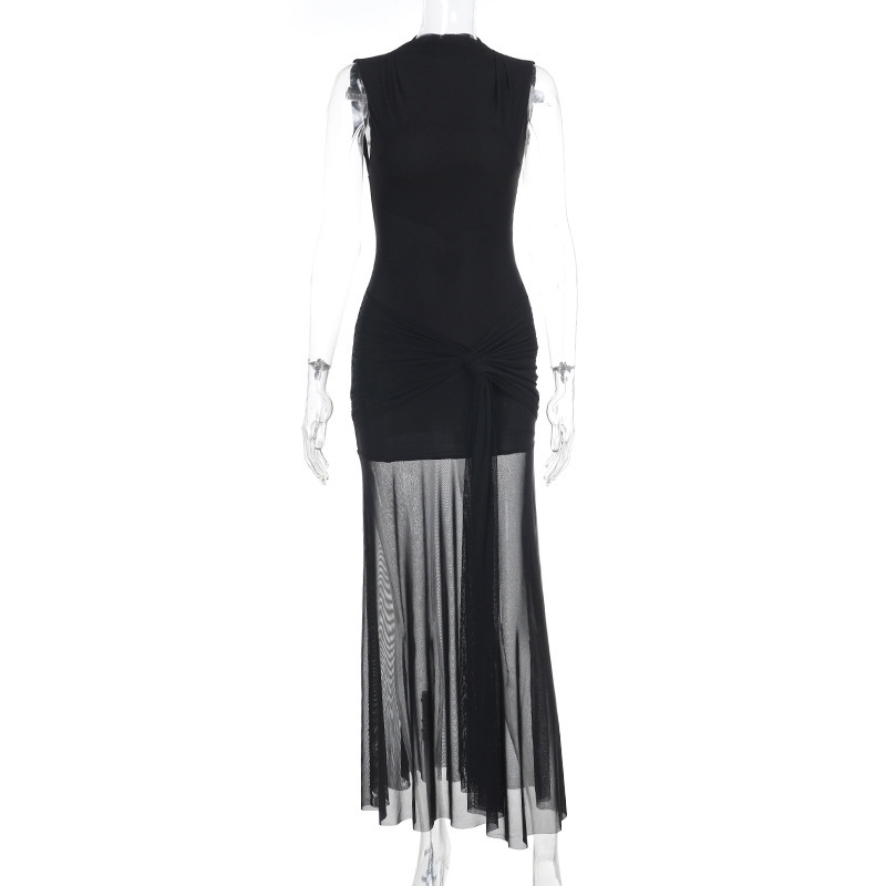 Women Summer Sexy Ribbon Half High Neck Sleeveless Dress