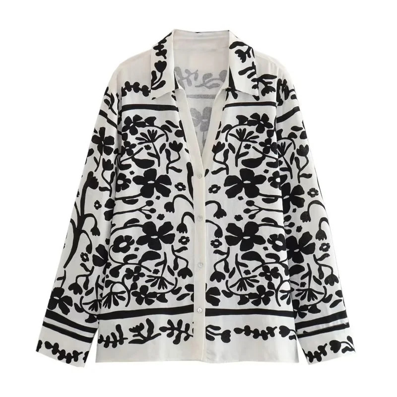 Women Turndown Collar long-sleeved single-breasted printed shirt wide-leg pants Two Piece Set