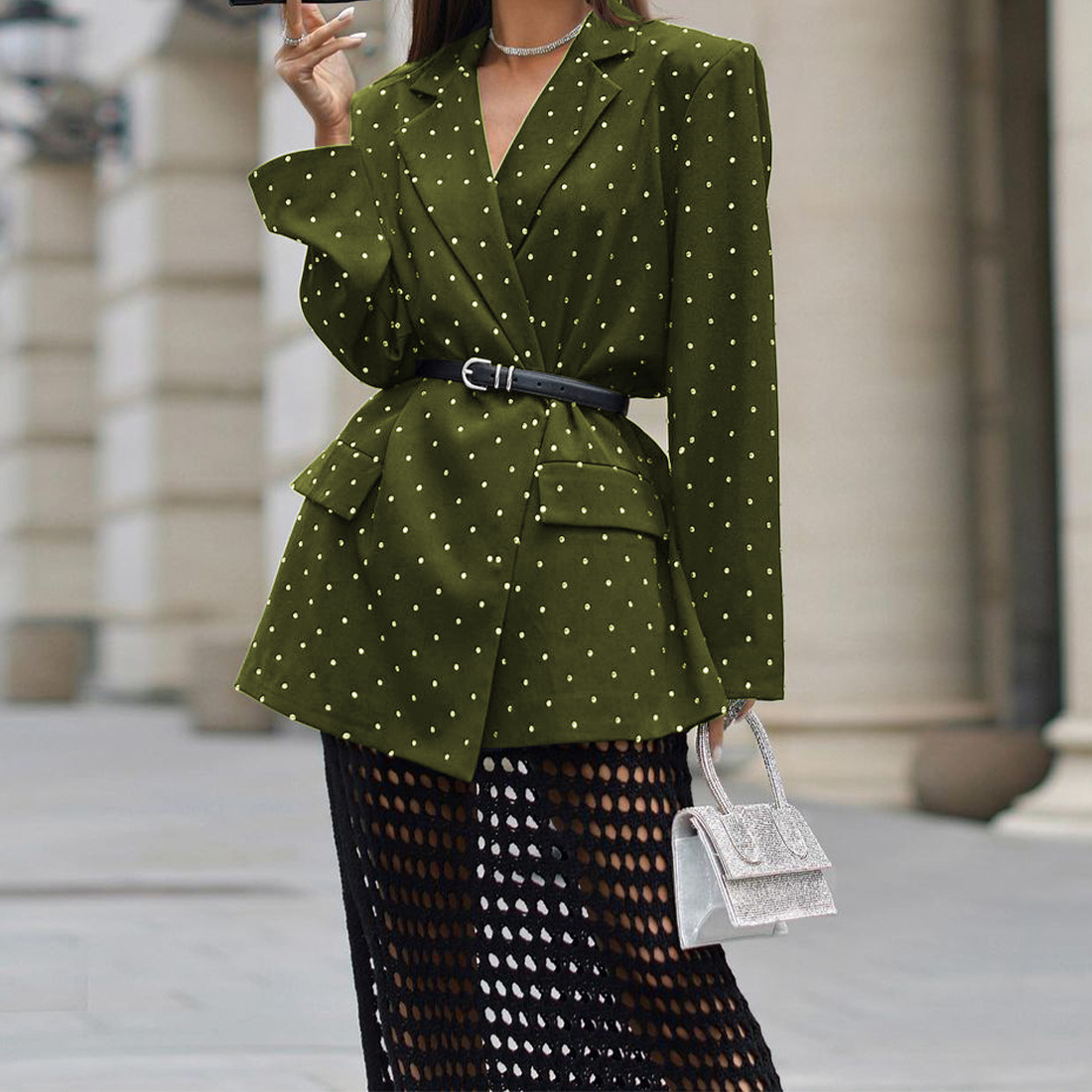 Spring Women's Fashion Chic Polka Dot Turndown Collar Long Sleeve Blazer