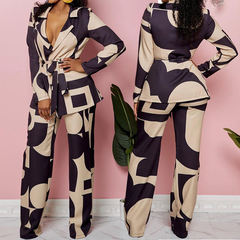 Spring Autumn Women's Fashion Print Turndown Collar Blazer With Tight Pants Set