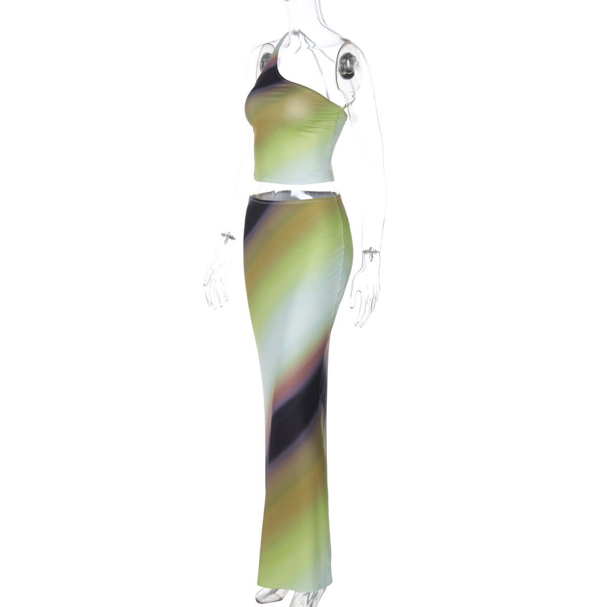 Women's Summer Gradient One-Shoulder Low-Back Top Casual Slim Long Skirt Set