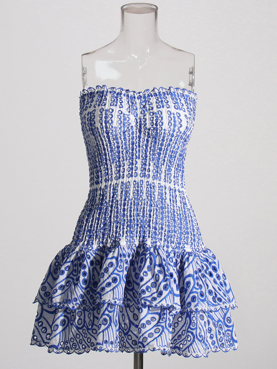 Bohemian Holiday Strapless Slim Waist Mini Cascading Ruffles Dress
