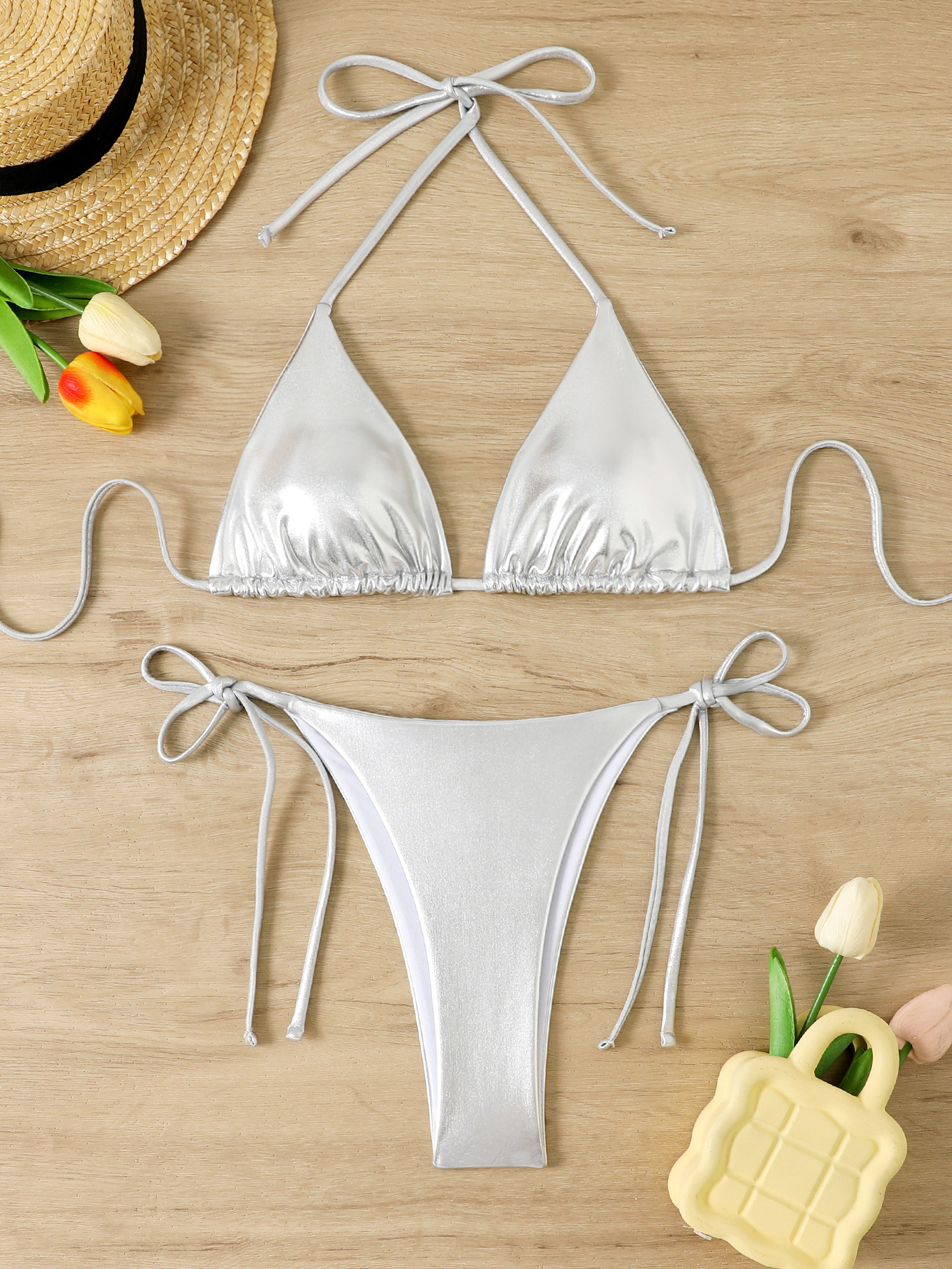 Sexy Solid Color Shiny Two-Piece Bikini Swimsuit for Women