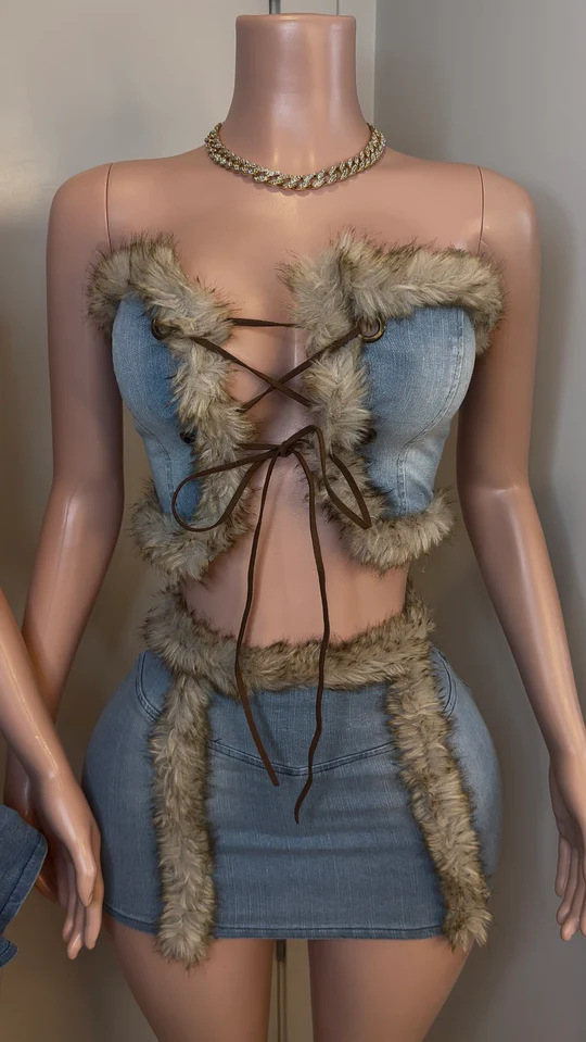 Women Plush Strapless Top and Bodycon Skirt Denim Two Piece Set