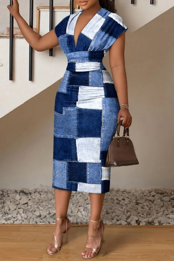 Women's Fashion Chic V Neck Slim Print Dress