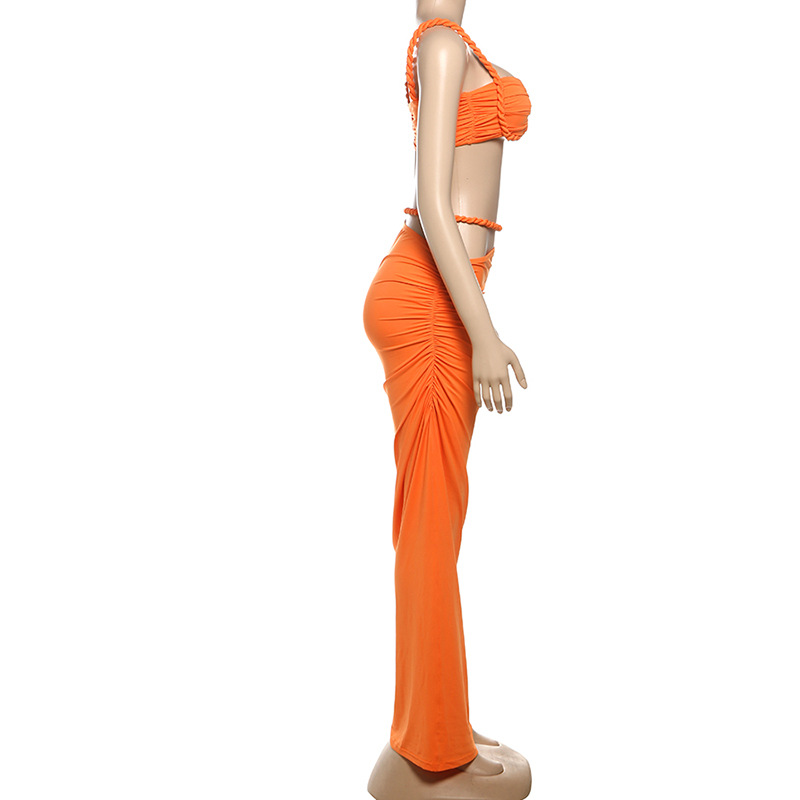 Women Spring Sexy Solid Backless Top and Bodycon Skirt Two-piece Set