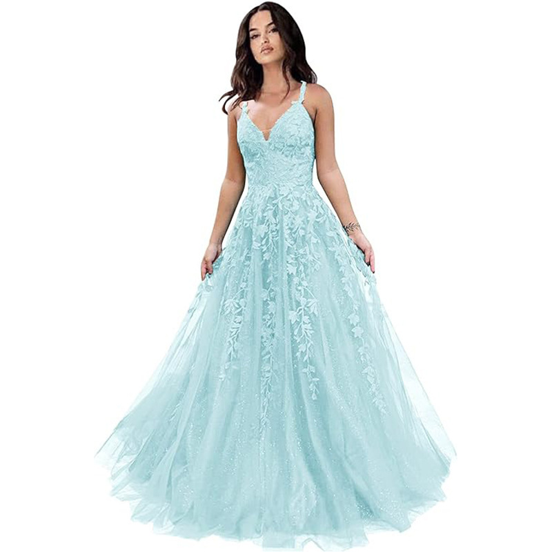 Women Sexy V-Neck Backless Lace Evening Dress