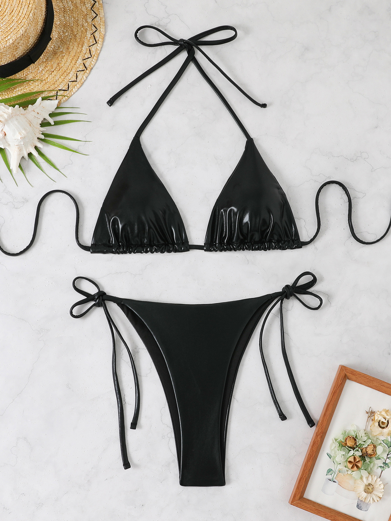 Sexy Solid Color Shiny Two-Piece Bikini Swimsuit for Women