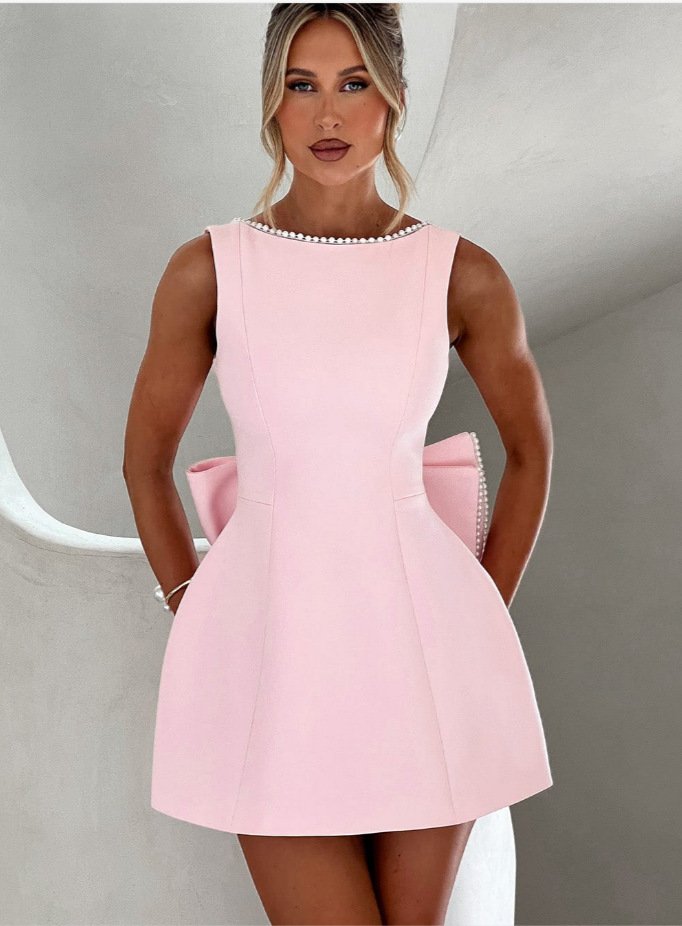 Women Summer Pearl Edge Backless Dress