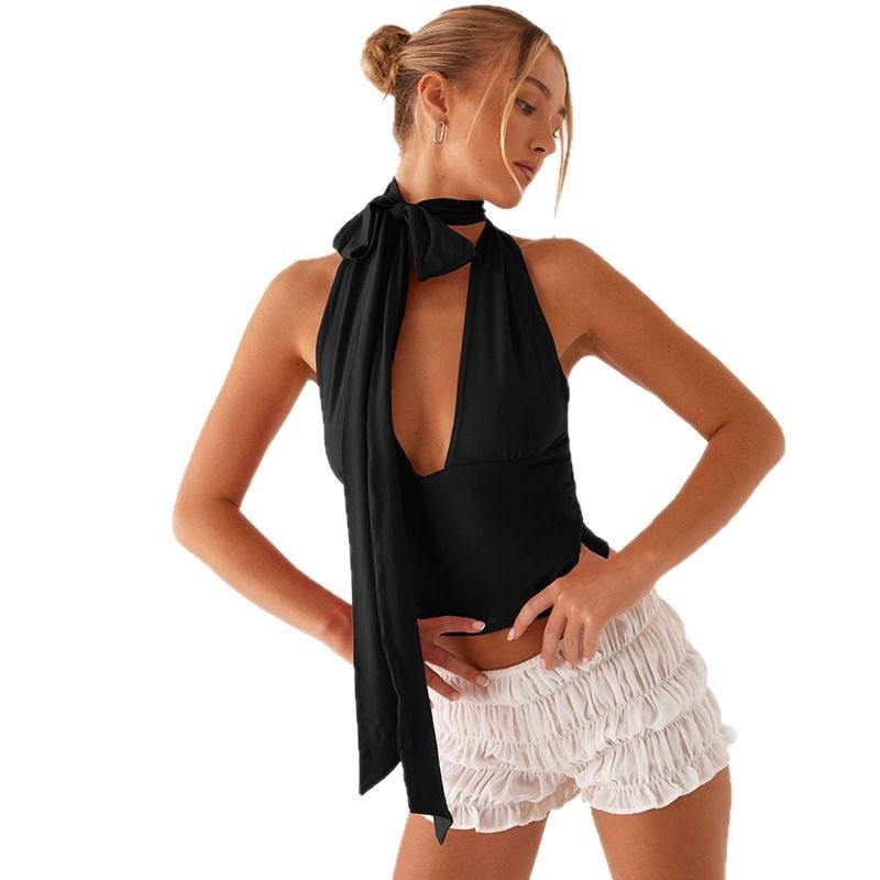 Halter Neck Camisole Summer Solid Color Deep V Tie Sleeveless Low-Back Top