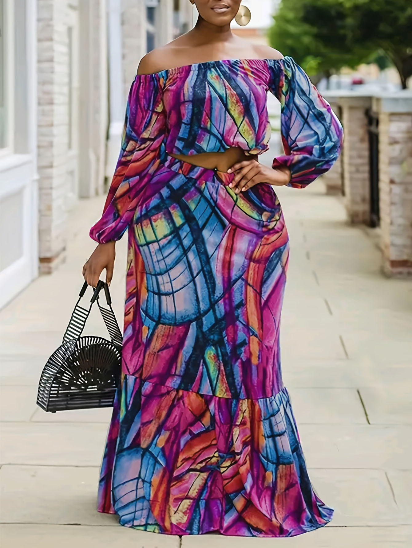 Plus Size Summer Women Casual Bohemian Style Printed Off-Shoulder Top and Skirt Two Piece Set