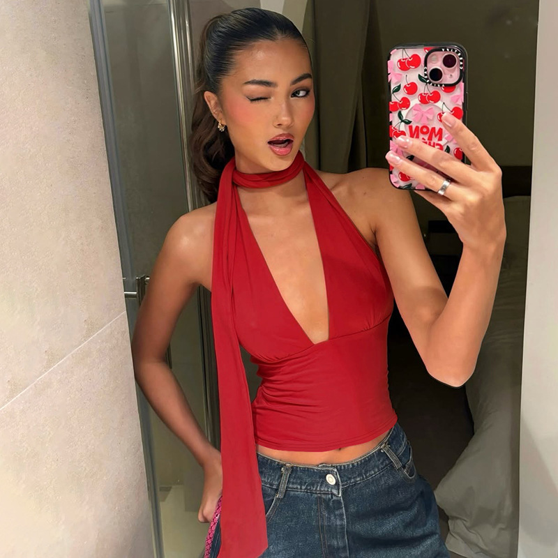 Halter Neck Camisole Summer Solid Color Deep V Tie Sleeveless Low-Back Top