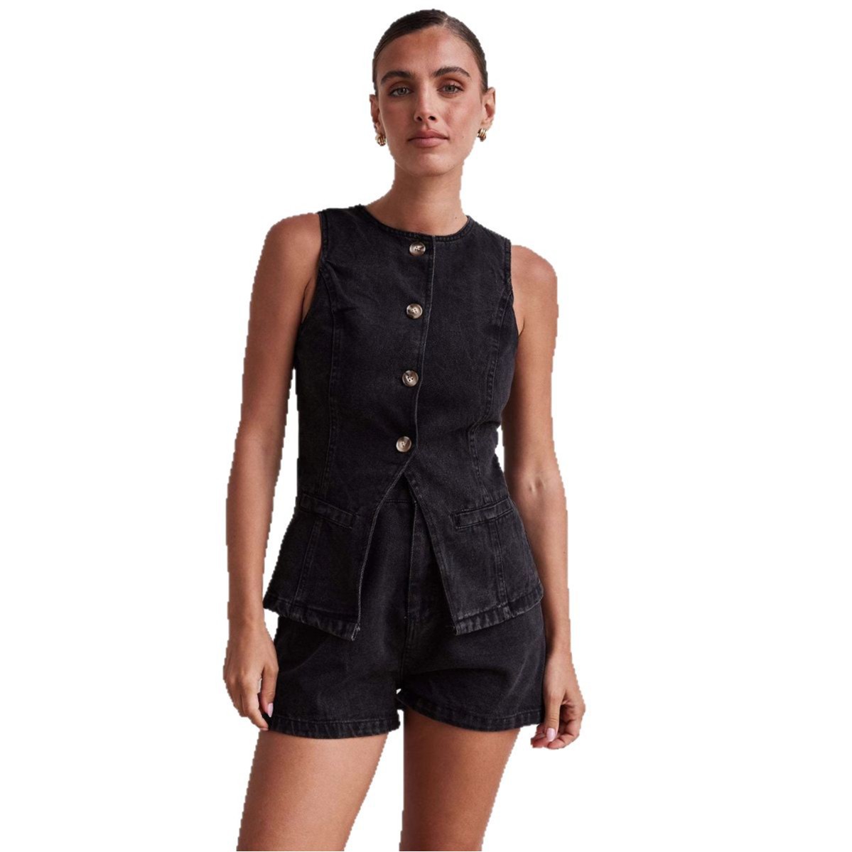 Spring/Summer Fashion Sleeveless Slim Waist Vest High-Waist Loose Denim Shorts Set