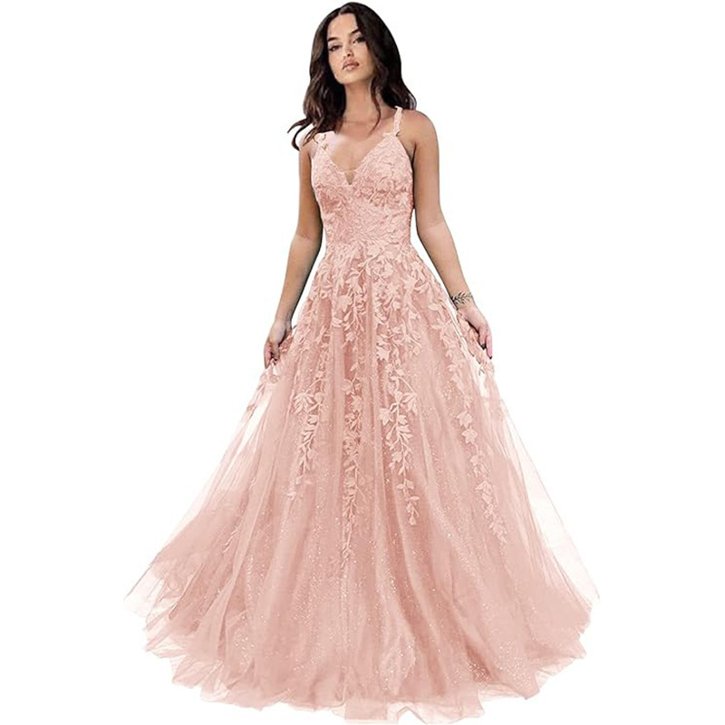 Women Sexy V-Neck Backless Lace Evening Dress