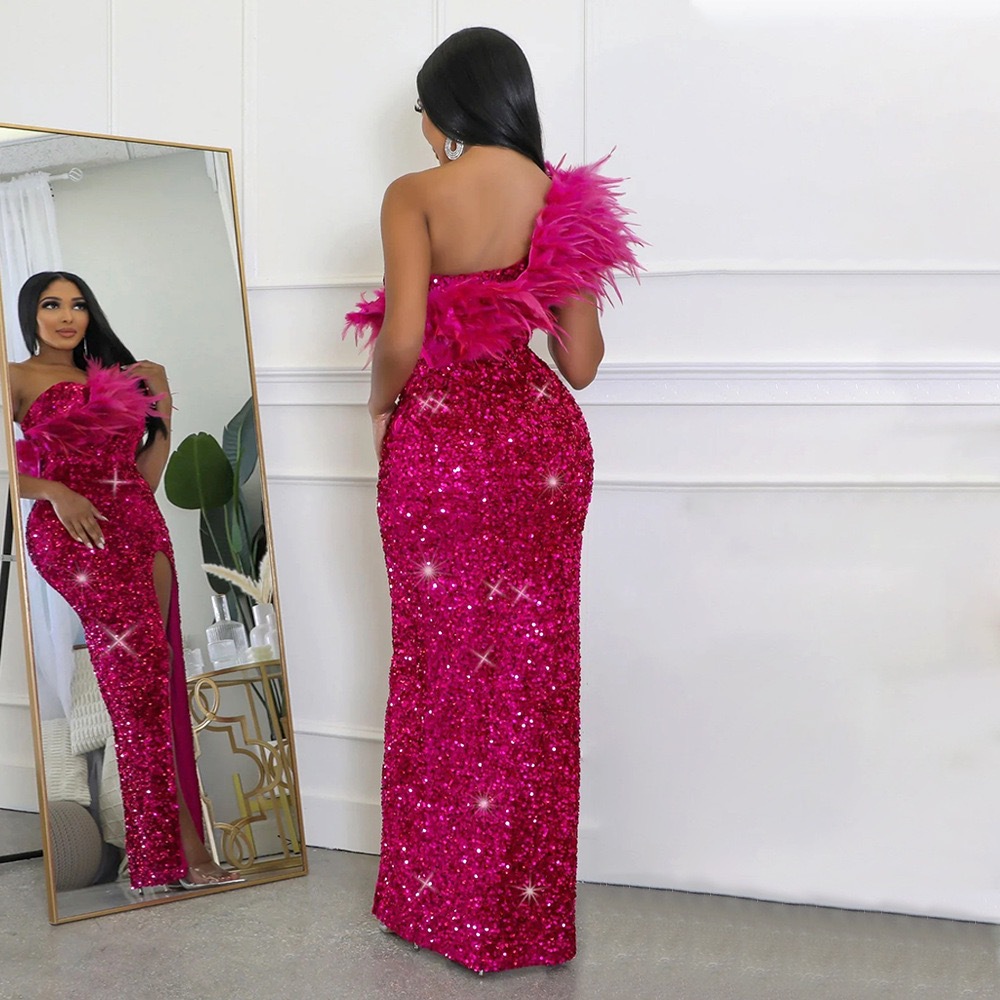 Feather Sequin Slit Slash-Shoulder Formal Party Long Dress