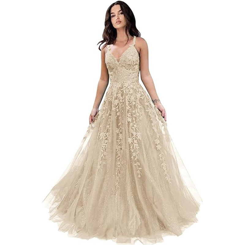 Women Sexy V-Neck Backless Lace Evening Dress