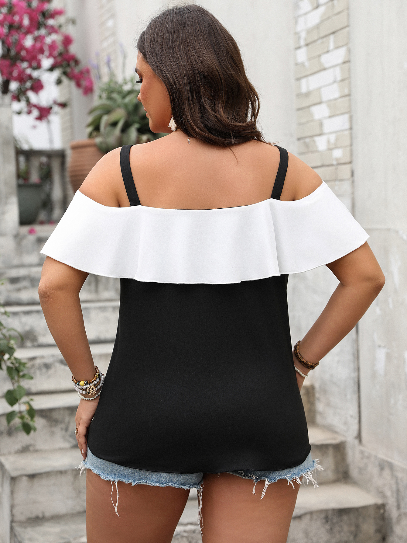 Spring Plus Size Women's Off-Shoulder Ruffle Sleeve Strap Top