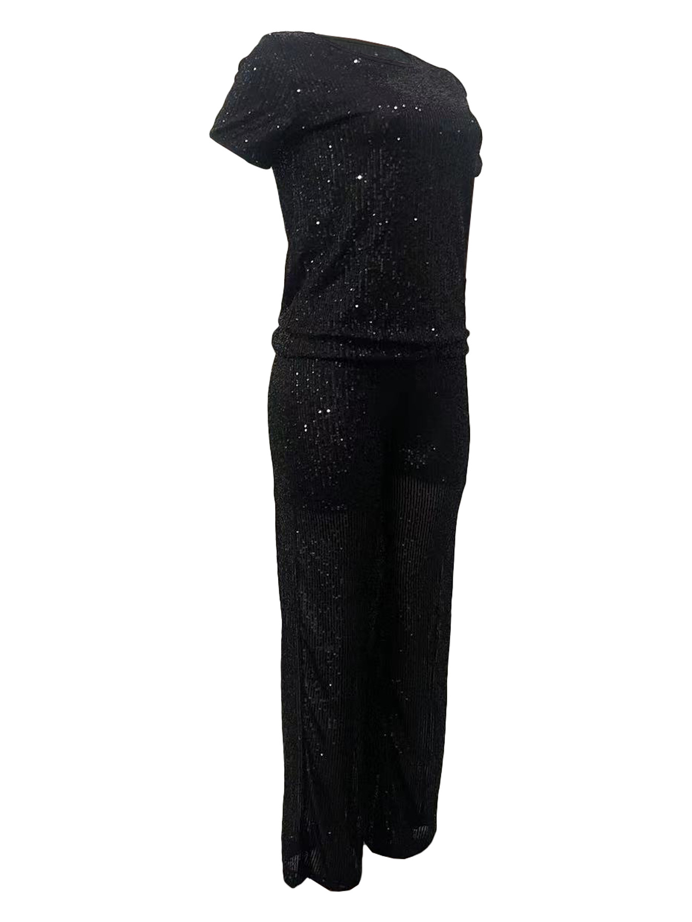 Women Spring Summer Sequin Solid Short Sleeve Top and Pants Two-piece Set