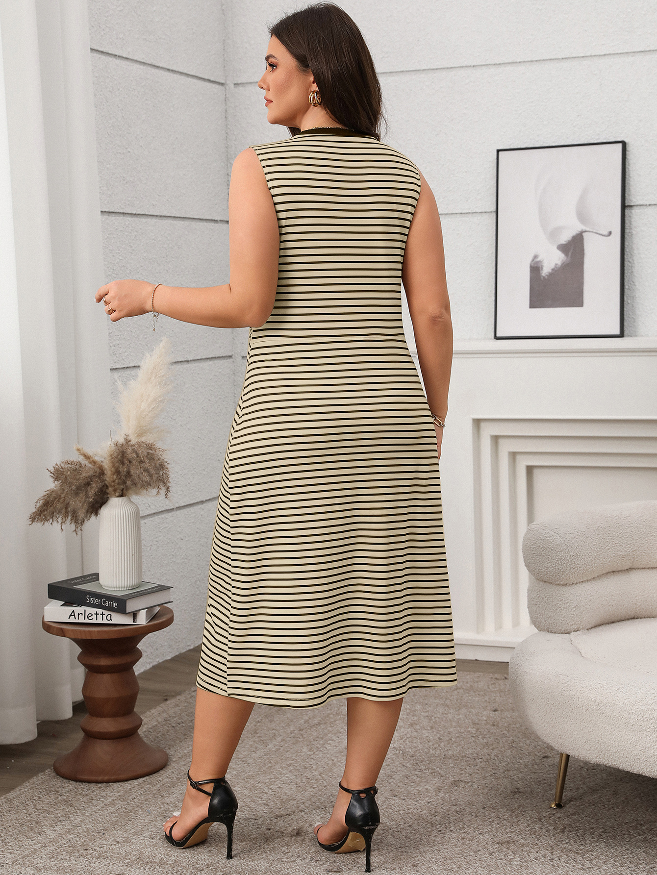 Women's Spring/Summer Plus Size High-Waist Round Neck Loose Striped Casual Dress